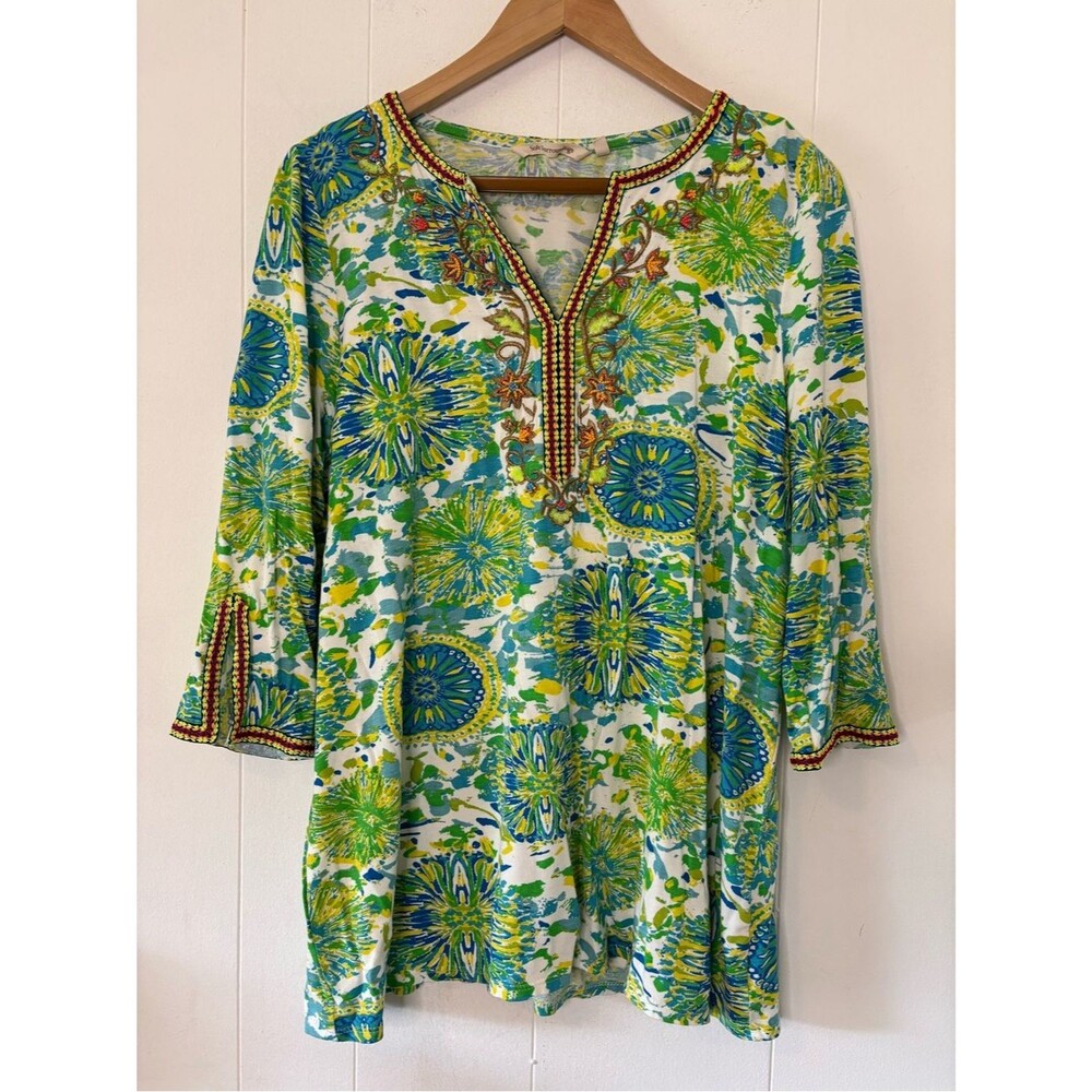 Soft Surroundings Artsy Boho Embroidered Beaded 3/4 Sleeve Tunic Green Sz Large